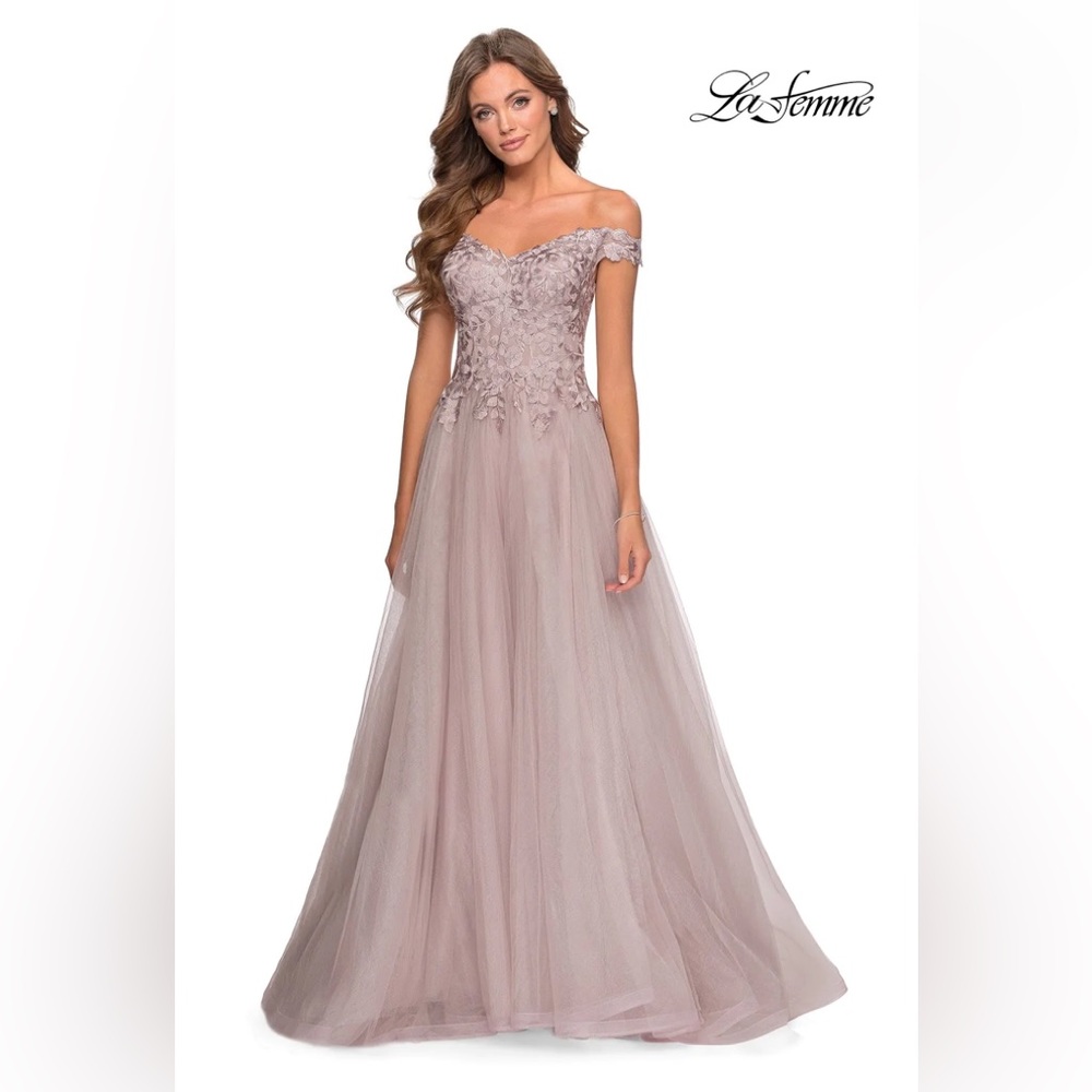 La Femme off-shoulder formal gown with slit; size 12 - Picture 2 of 3